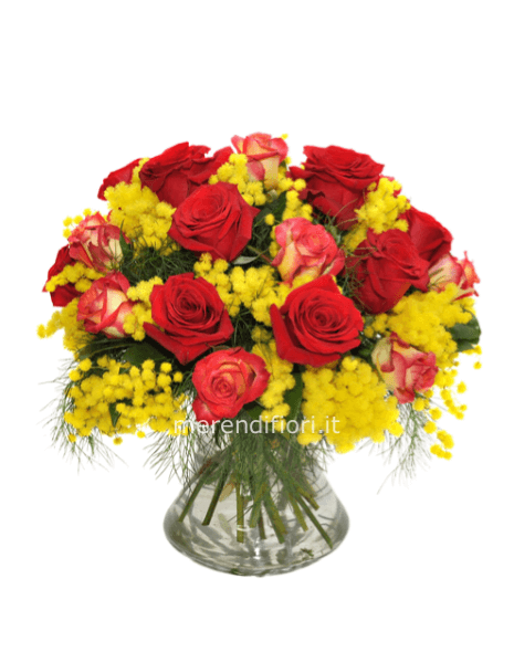 Rose rosse arancio giallo e mimosa